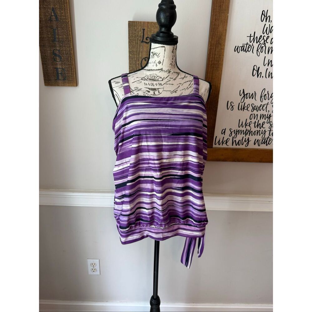 Swim 365 Women's Striped Side Tie Blouson Swim Tankini Top Purple Size 14W